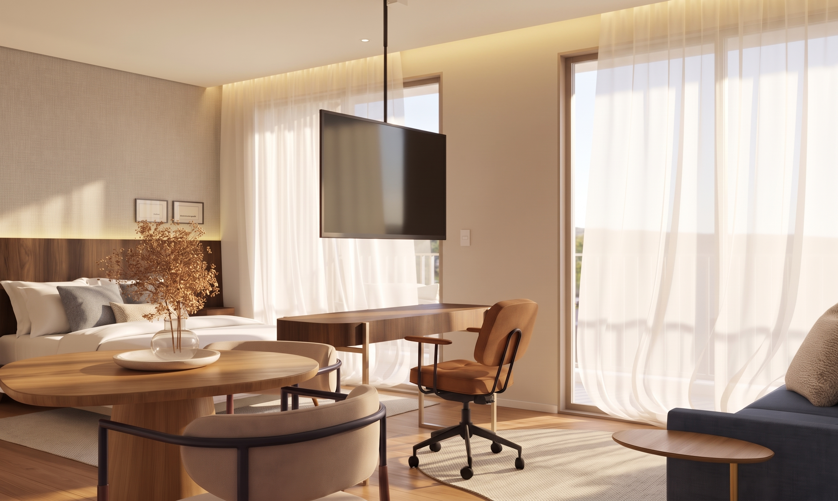 Studio com cama, mesa de trabalho e luz natural