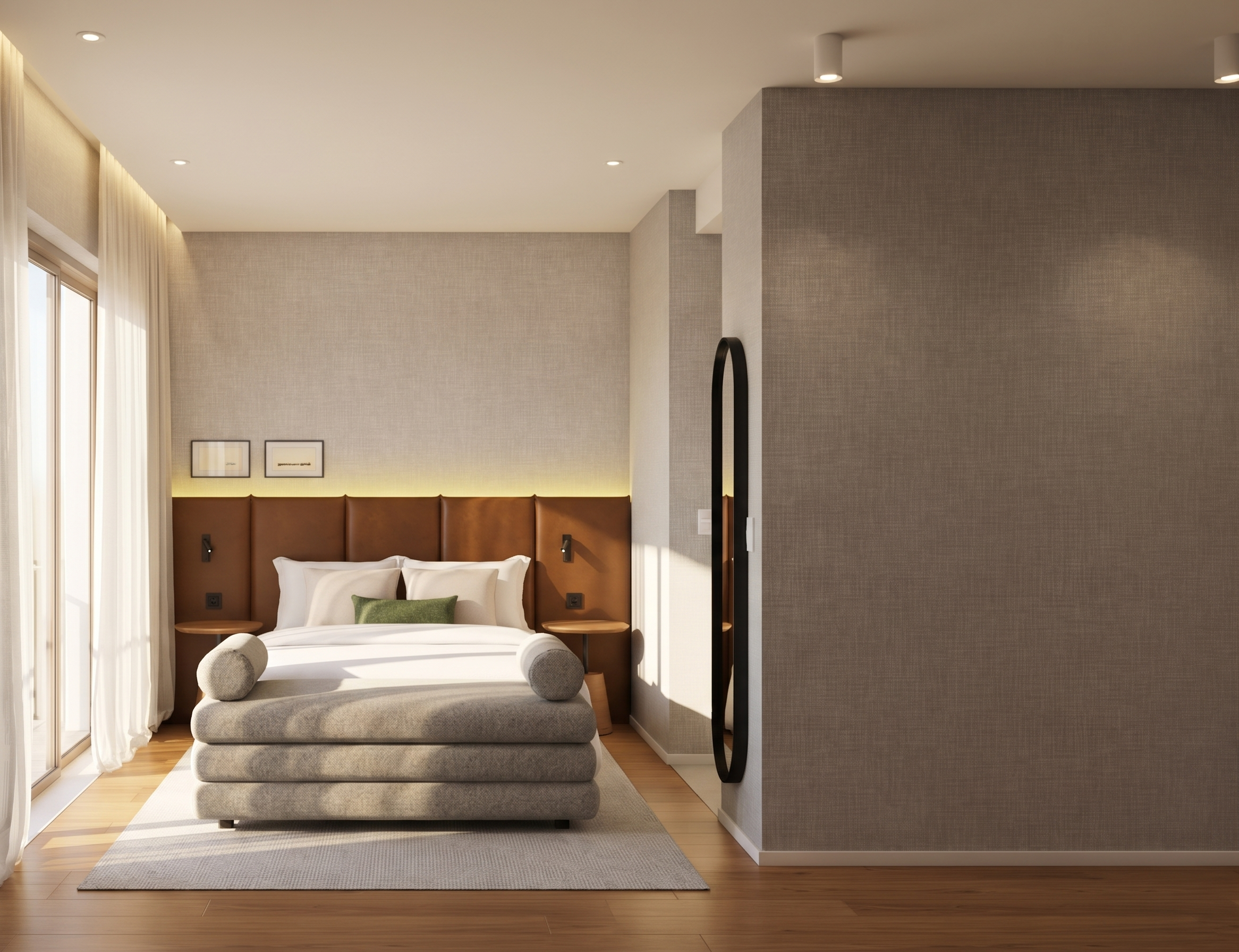 Quarto com cabeceira estofada e iluminação indireta