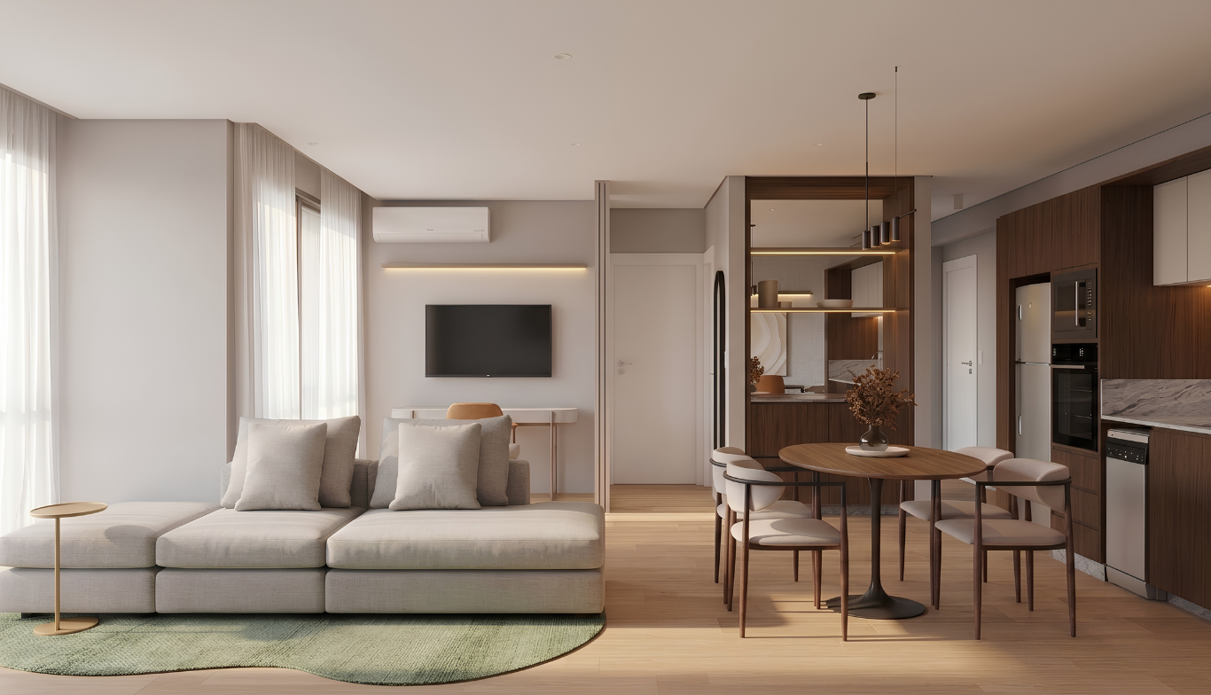 Living integrado com sofá, sala de jantar e cozinha