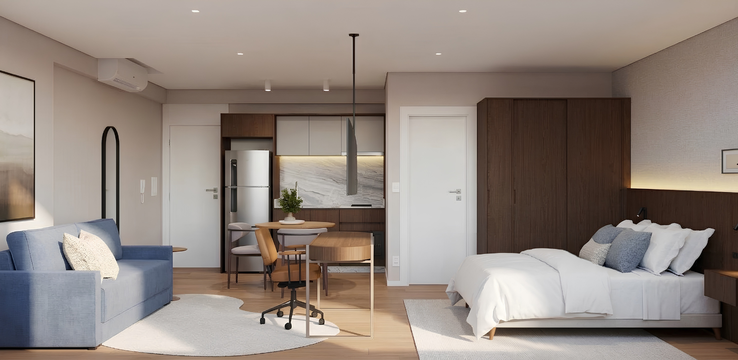 Studio integrado com sala, cozinha e quarto