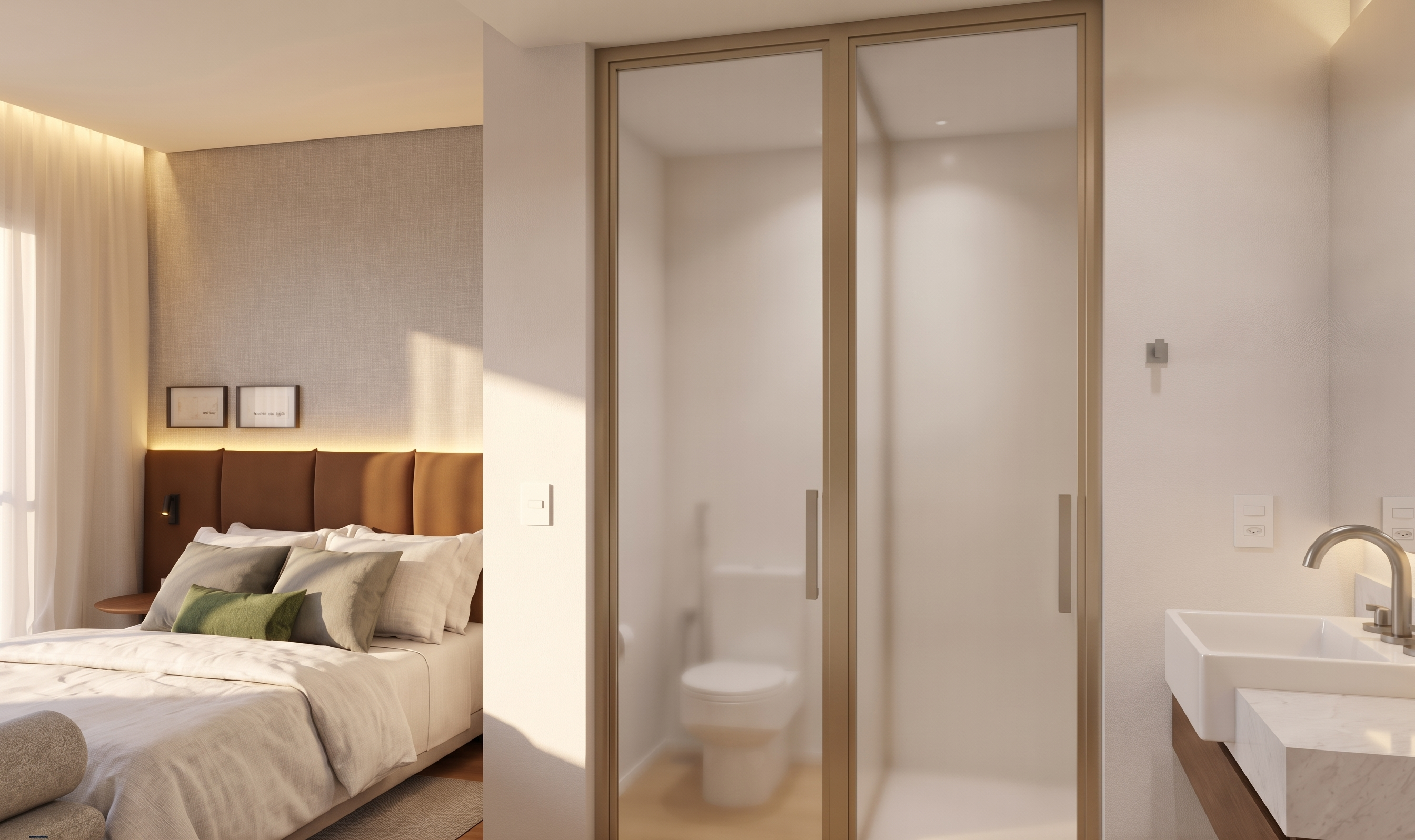 Quarto com banheiro e porta de vidro de correr